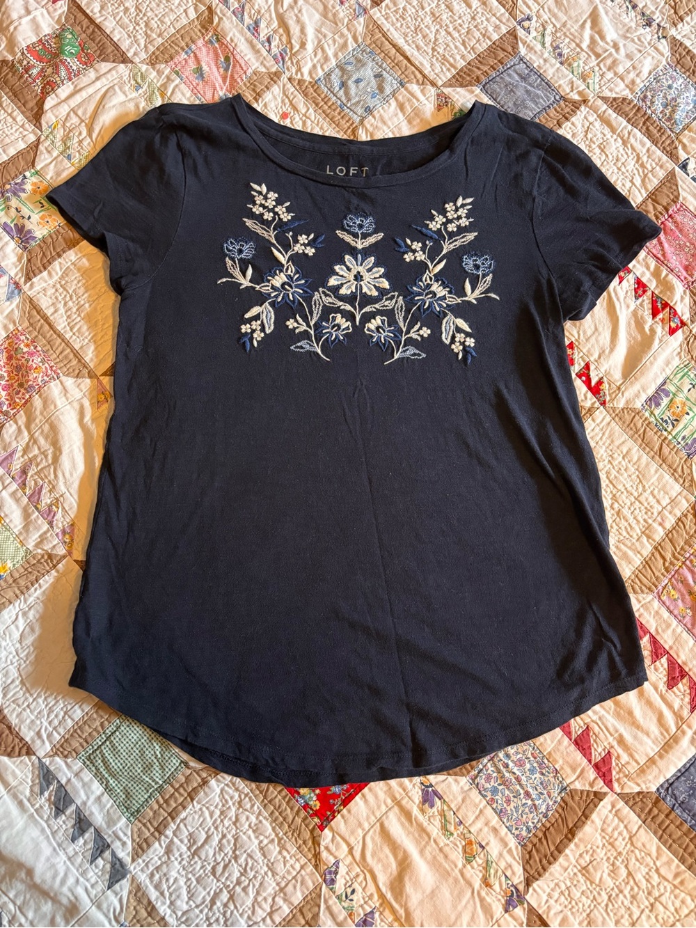 LOFT Navy Short Sleeve Tee with White & Blue Floral Embroidery
